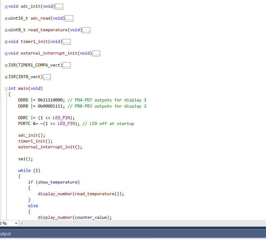 Embedded C code using AVR timer, ADC and external interrupt routines