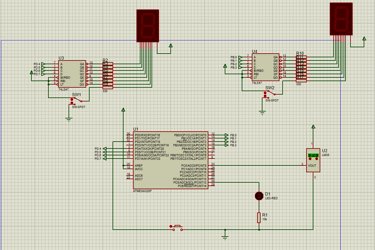 Proteus schematic for the AVR dual-mode temperature and timer prototype