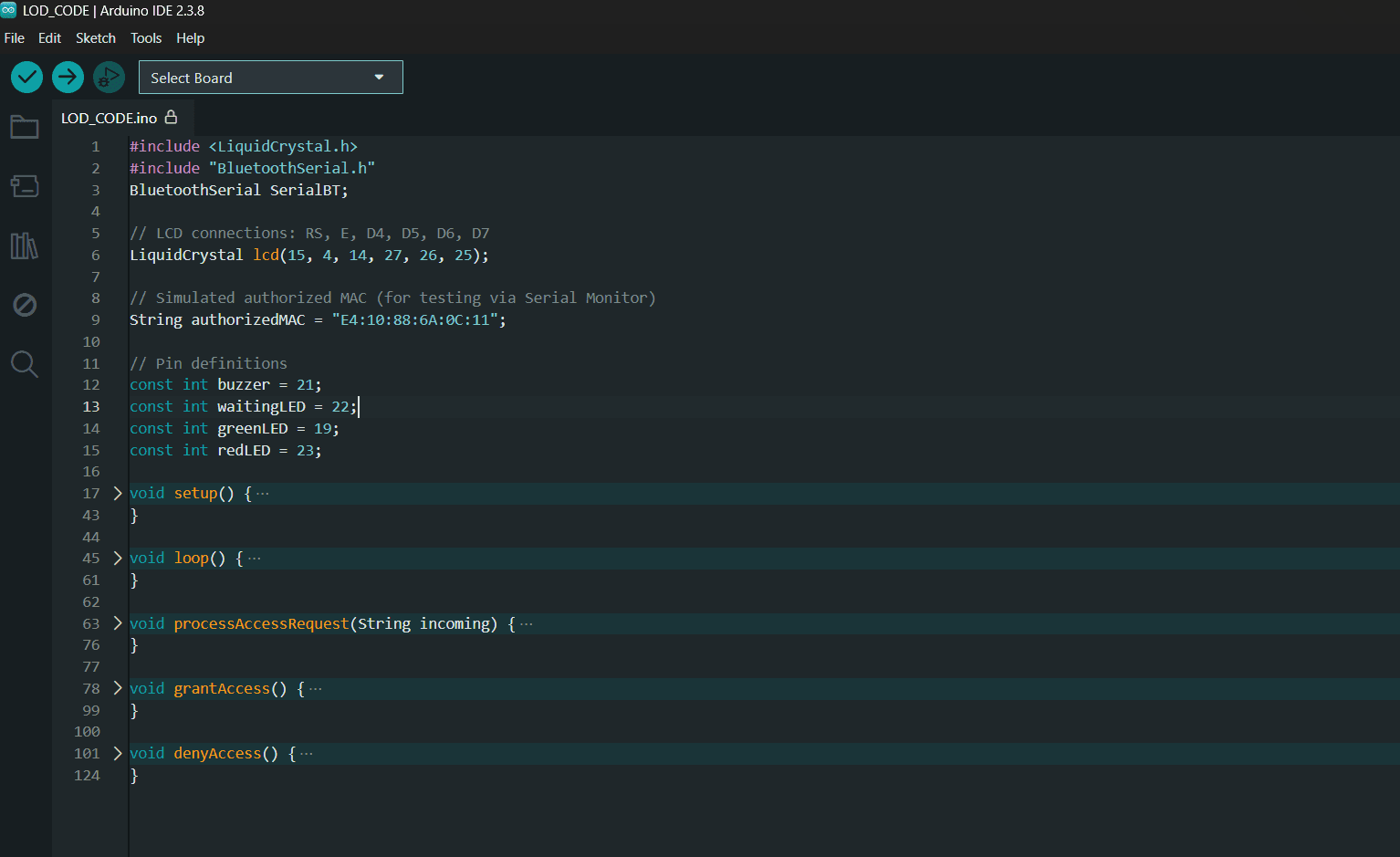 Arduino code for Bluetooth access verification and feedback control
