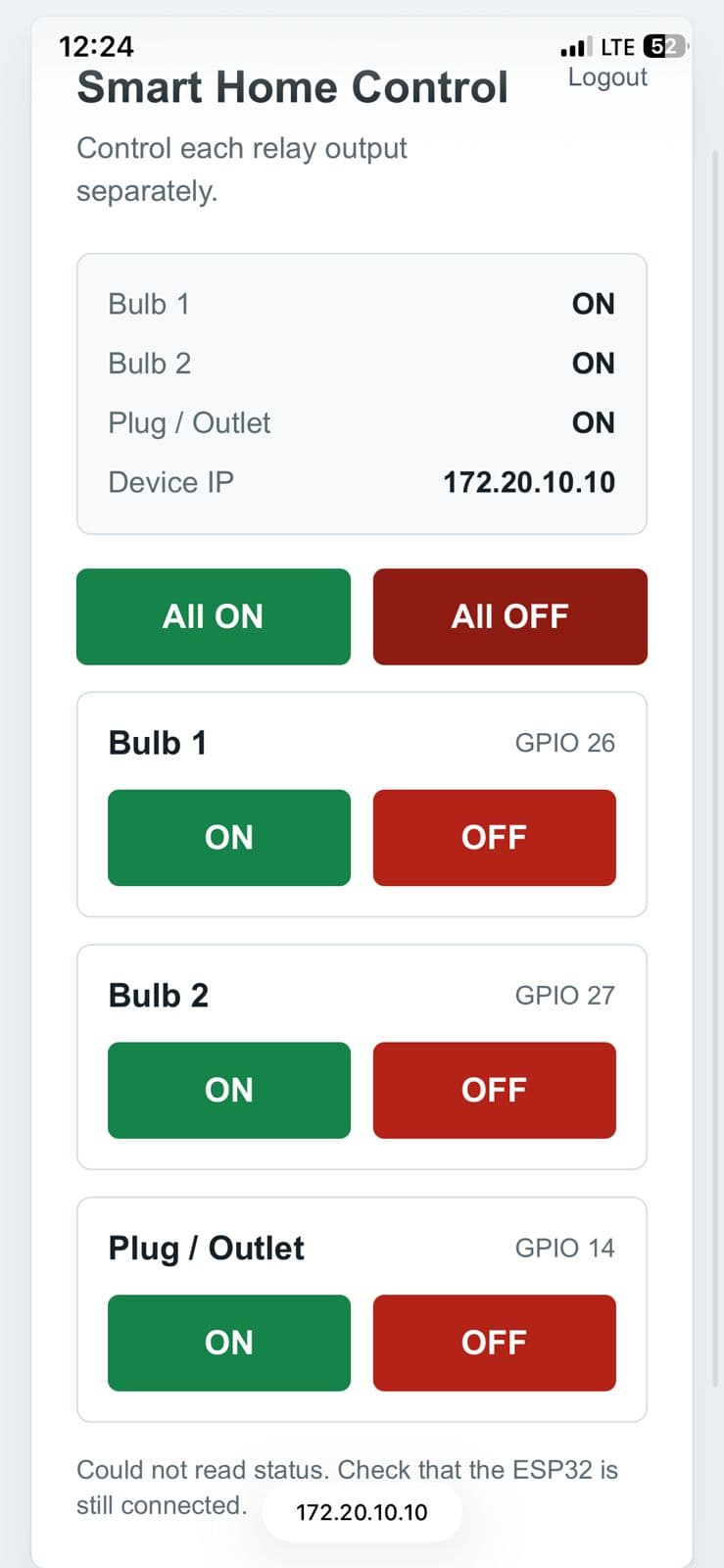 Browser dashboard for controlling the smart home lights