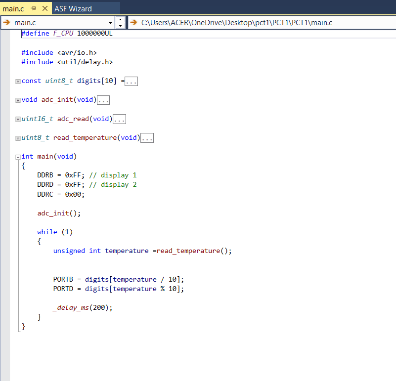 C code for reading the LM35 temperature sensor and driving the displays