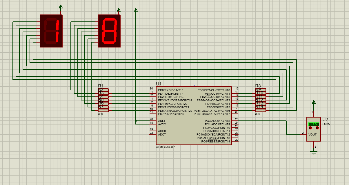 Proteus schematic for the ATmega328P temperature sensor prototype
